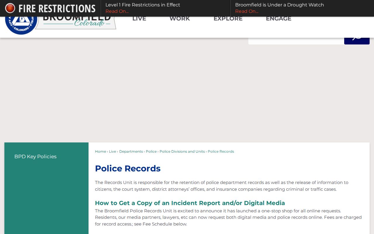 Broomfield County police records request page