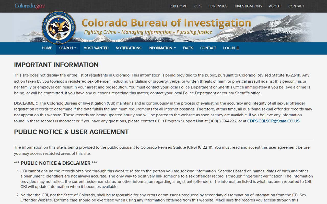 Broomfield County sex offender registry profile fields